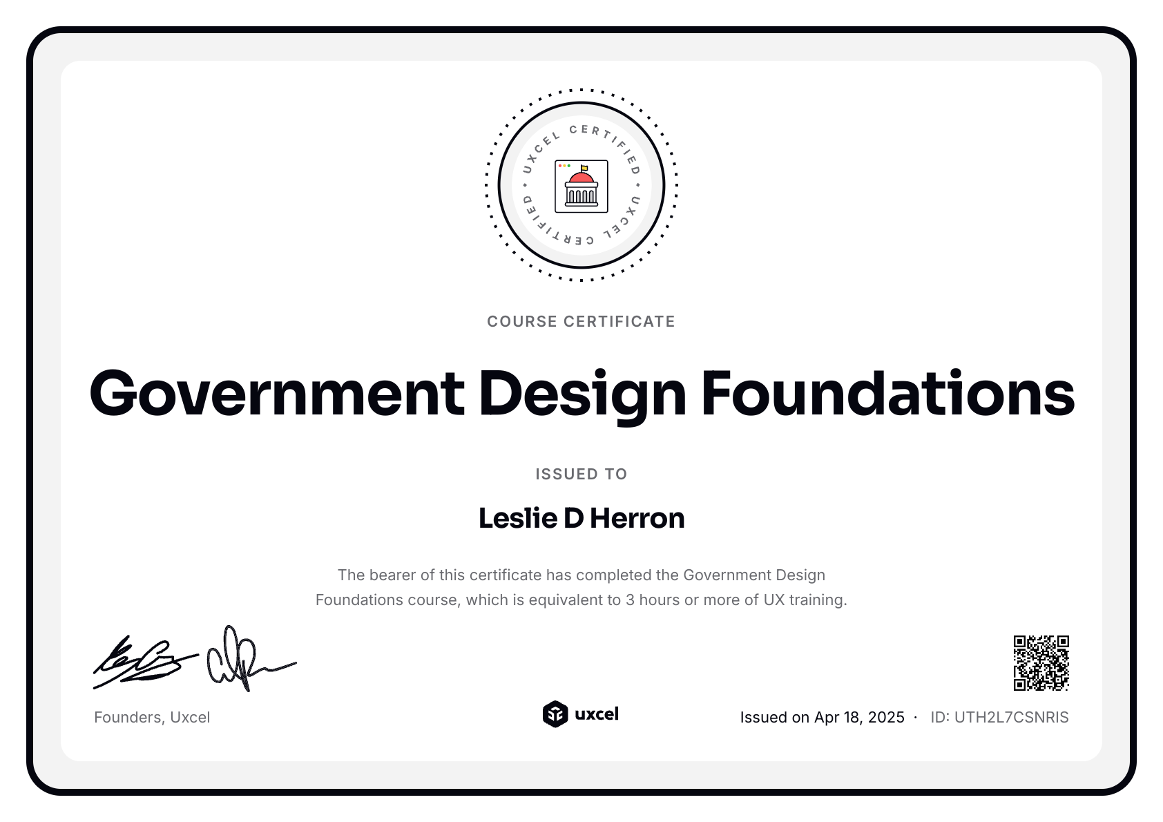 Leslie D Herron's certificate